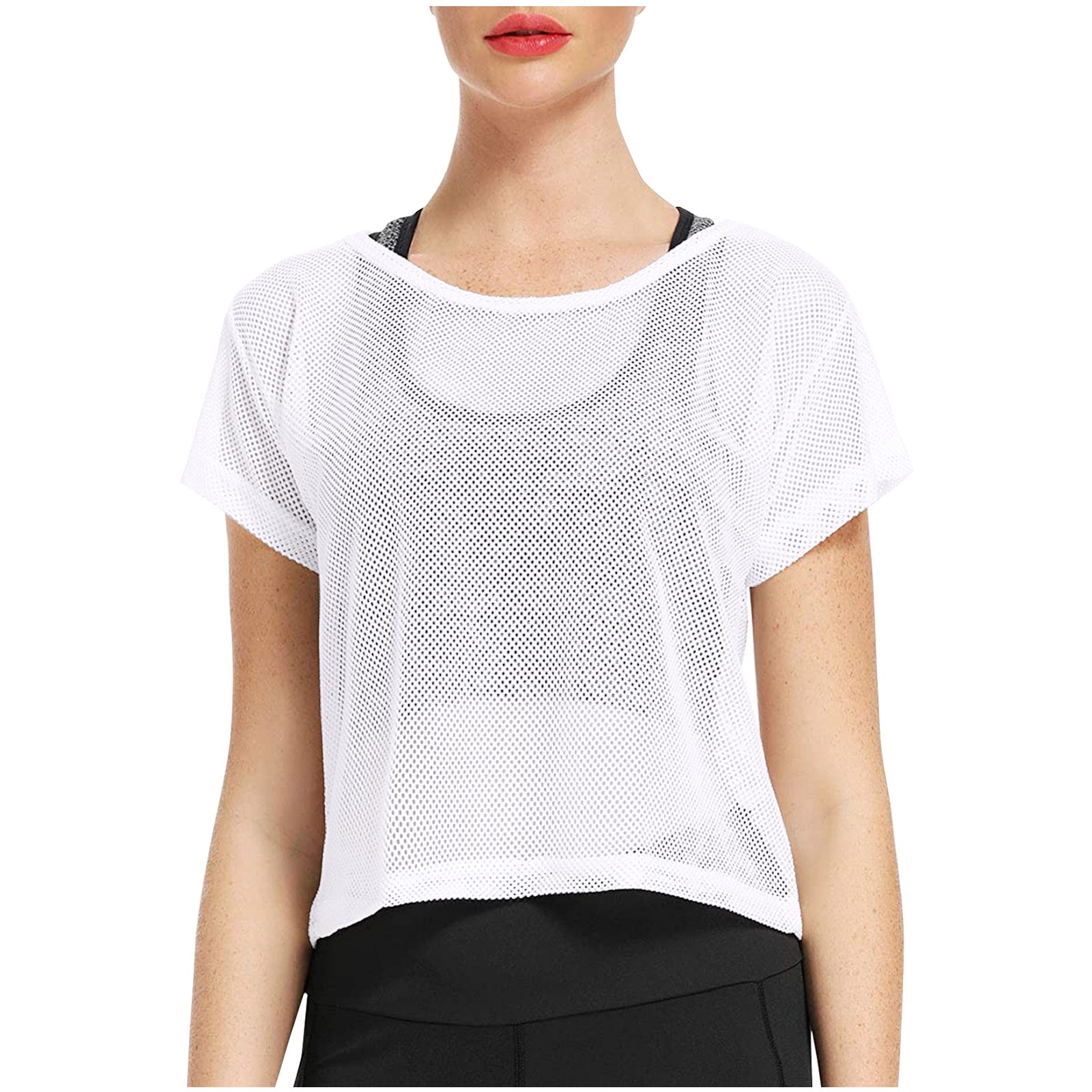 thumbnail image 3 of Top corto de malla transparente para mujer - Camiseta de manga corta de rejilla, poliéster, informal/fiesta, S-XL, múltiples ocasiones, 3 of 8